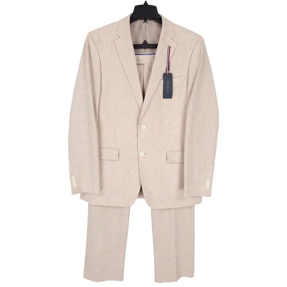 Tommy Hilfiger Mens Modern Fit 2 Piece Suit 42L 36x32 Light Tan Linen Cotton NWT
